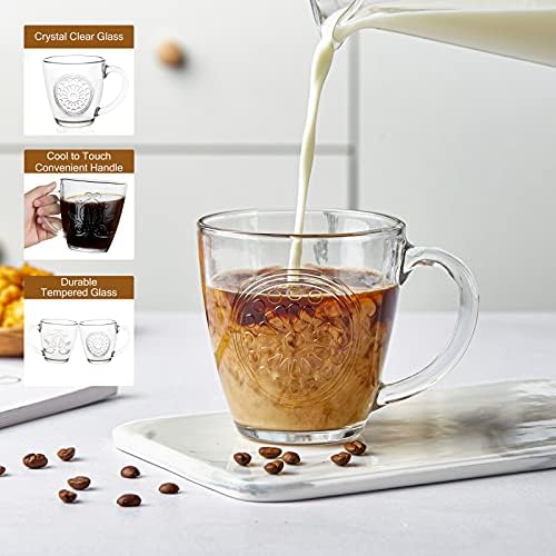 CREATIVELAND כוס ספל קפה סט של 6 גדול & כבד & עבה זכוכית מחוסמת כוסות 13.52 עוז|400ml חם & משקאות קרים, צלולים עם ידית